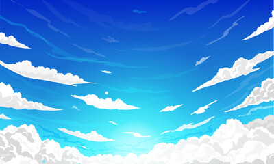 Blue sky with clouds. Anime style cartoon background Sunny summer day sky scene. Nature landscape with sun light. Heavens with bright weather,