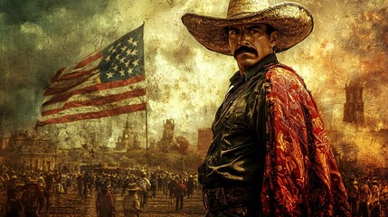 Cinco de Mayo, A Proud Charro Stands Tall Against a Historic American Flag Backdrop a Crowd Gazes On in the Distance Evoking Feelings of Heritage and Strength