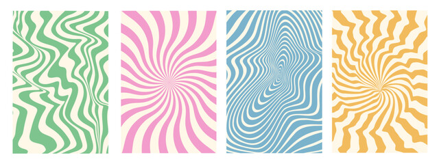 Groovy hippie 70s abstract backgrounds. Retro psychedelic swirl, twirl pattern, waves. Pop art lines Vintage fun distorted funky design illustration.