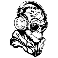 Cool monkey wearing sunglasses and headphones, enjoying music. A stylish black and white vector design
