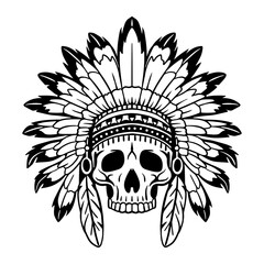Skull wearing a Native American tribal feather headdress. Bold black and white design for tattoos, t-shirts, clipart, cut files