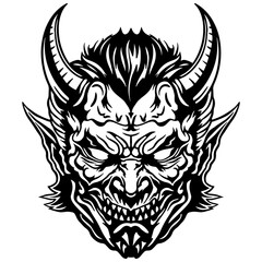 Detailed vector illustration of an evil horned demon face with sharp teeth and intense expression.