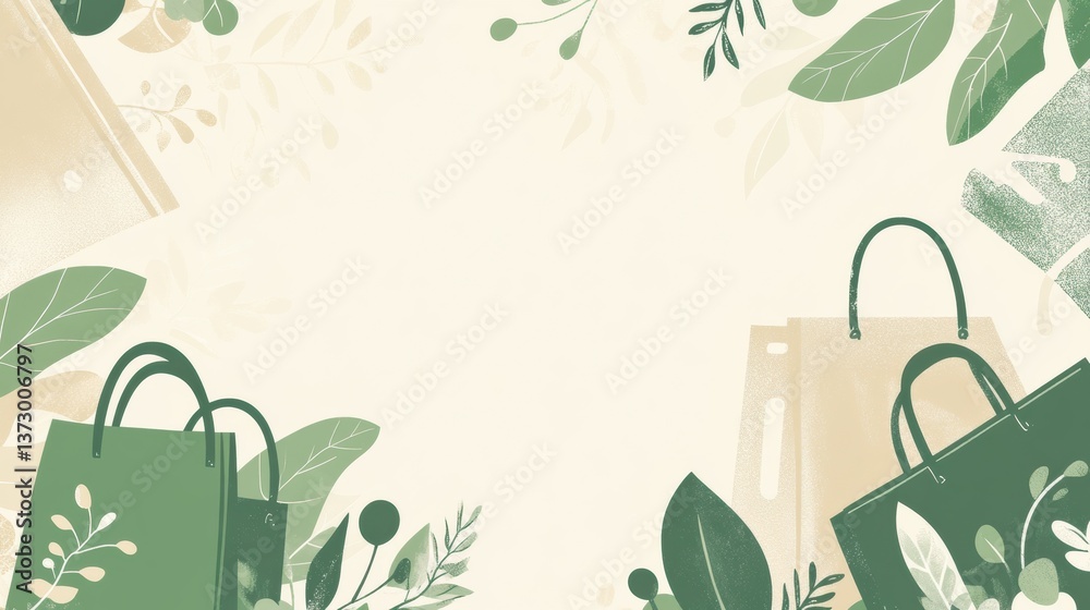 Poster reusable grocery bags and sustainable packaging in a modern design with clean green and beige tones 