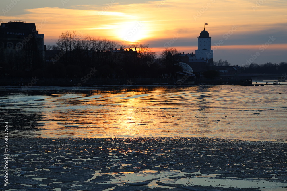 Aufkleber A lake scene with a clock tower visible in the distance, perfect for use in travel or architecture images.