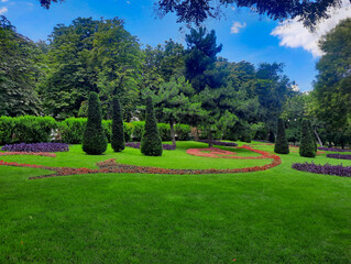 Fototapeta premium Landscape with spruce trees, flower paths, and green lawns in the park