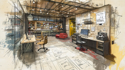 Creative Hand-Drawn Blueprint Illustrating a New Architectural Concept with Emphasis on Design Elements, Structural Integrity, and Innovative Solutions for Modern Building Projects