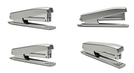 Sleek Silver Staplers Arrayed Against a Pristine White Background Presentation