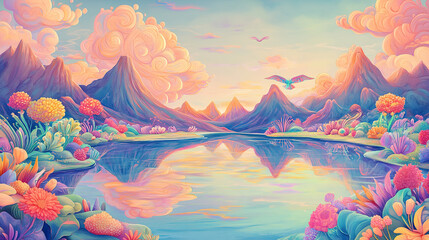 Fototapeta premium Stunning Illustration of a Serene Mirror-Like Lake Capturing the Beauty of Surrounding Nature and Evoking Tranquility in a Peaceful Outdoor Setting