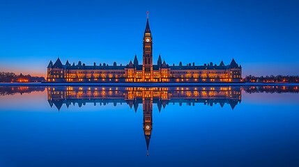 Naklejka premium Parliament Buildings at Dawn, reflected in still water
