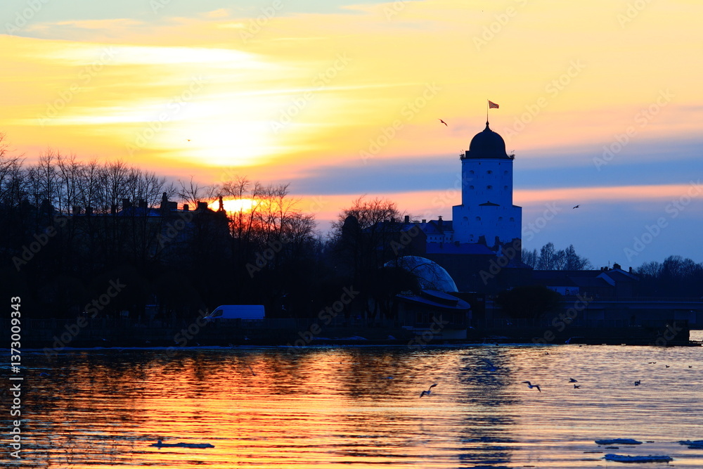 Poster A lake scene with a tower visible in the background, suitable for use in landscape or architecture images.