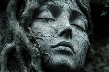 Cracked stone face rests amidst twisting roots