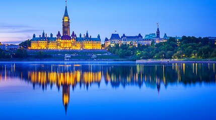 Obraz premium Canadian Parliament Buildings at Dusk, reflected in calm waters