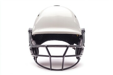 Naklejka premium A front view of a white helmet with a black face mask on a white studio background 