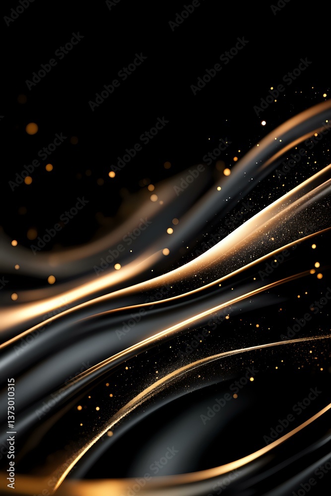 Poster elegant flowing curves in black and gold with sparkling particles create luxurious abstract backgrou