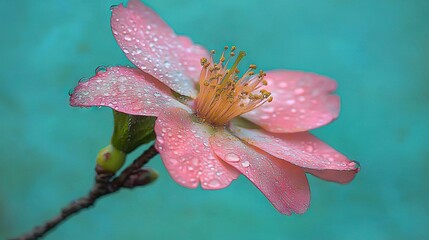   A close-up of a pink flower with raindrops on its petals against a blue backdrop