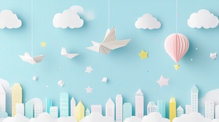 Colorful Paper Cityscape with Clouds and Balloons in Pastel Tones, Featuring Origami Birds and Stars for a Cheerful and Whimsical Atmosphere