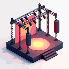 Concert stage setup with lights and sound system, colorful 3D illustration