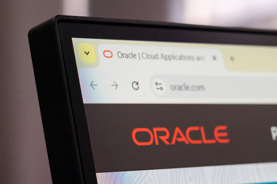 New York, USA - March 30, 2025: Oracle official cloud technology website homepage displayed on computer monitor with logo and dark interface