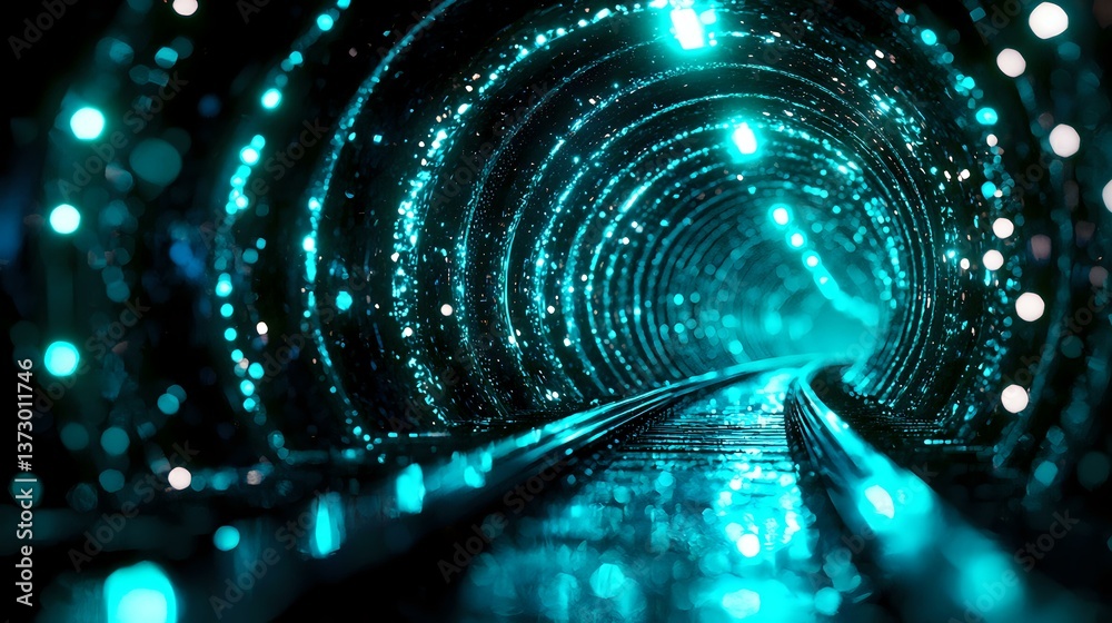 Poster futuristic glowing tunnel in cyan blue with light reflections and bokeh effects creates abstract tec