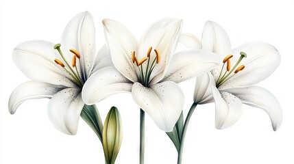 Fototapeta premium Three white flowers on a white background with green stems at their centers