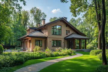Obraz premium A two-story brick house surrounded by lush greenery in the picturesque nature