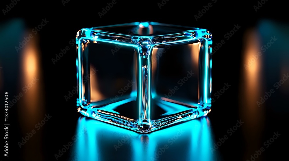Poster glowing neon blue cube frame structure on dark background with reflection, geometric minimal design 
