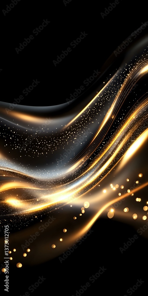 Poster luxurious golden waves flow with sparkling particles against black background, creating elegant abst