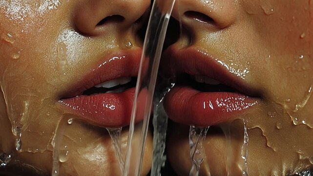 Close-up of two women's lips, water droplets, intimate, beauty shot