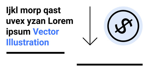 Dollar sign in circular outline with downward arrow, text blocks, and horizontal lines. Ideal for finance, payment, transfer, investment, savings, money management simple landing page