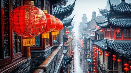 Obraz premium Red lanterns illuminate an ancient asian street.