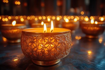 Ornate candle glows warmly among many lights.
