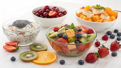 "A healthy fruit salad in a clear bowl, combining juicy orange slices, grapes, apple chunks, and blueberries, with a sprinkle of chia seeds on top." "A colorful fruit salad in a white porcelain bowl, 