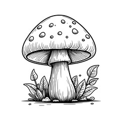 Mushroom sketch line art, black and white, representing forest fungus fairytale plant