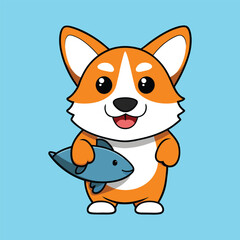 Cute Corgi Holding Fish Cartoon