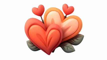 Two 3D Rendered Hearts with Leaves and Small Hearts