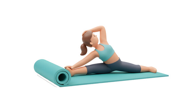 A character stretching with a yoga mat in the background, trendy 3D illustration, UI friendly, isolated scene on a white background.