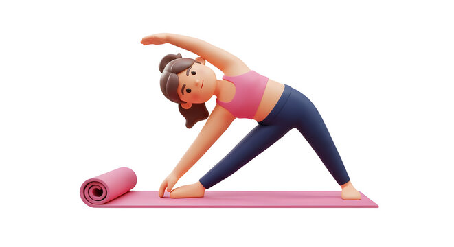 A character stretching with a yoga mat in the background, trendy 3D illustration, UI friendly, isolated scene on a white background.