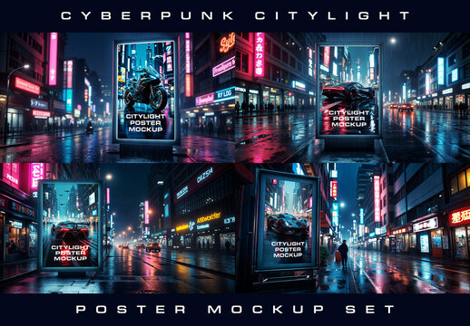 Cyberpunk Citylight Poster Mockup Set