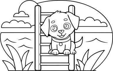 Cute puppy outline on ladder in a natural with transparent background design