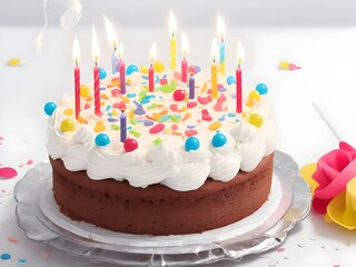 A festive chocolate cake adorned with colorful candies and lit candles, celebrating a joyous birthday with whimsical sprinkles and creamy frosting.