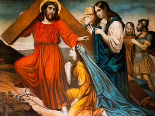Painting (early 20th century) of The Way of the Cross. Eighth station: Jesus meets the women of...