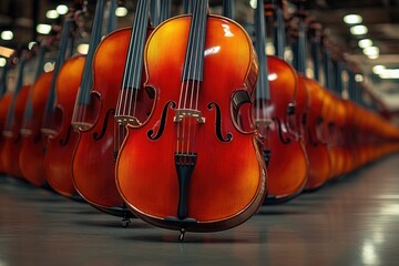 A line of beautiful cellos are lined up in a row