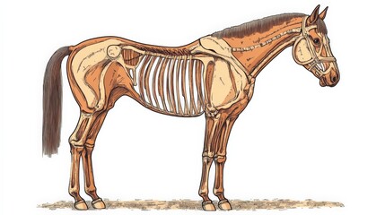 Detailed Anatomical Illustration of a Horse Showing Musculoskeletal Structure, Bone Arrangement, and Physical Characteristics for Educational Purposes