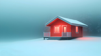 Red Wooden Cabin in Snowy Foggy Winter Landscape