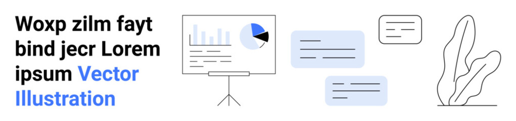 Bar graph and pie chart on tripod screen, dialogue speech bubbles, and abstract plant artwork. Ideal for data analysis, communication, presentations, minimalism, education, modern design simple