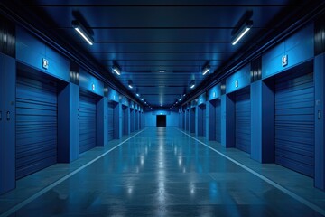 Obraz premium A long hallway of storage units bathed in blue illumination
