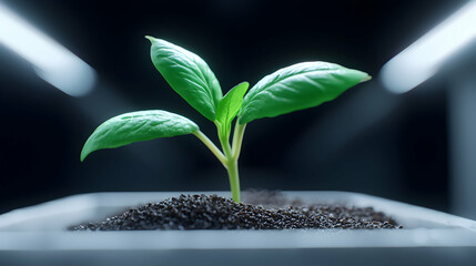 Small Green Plant Sprout Growing in Dark Square Pot Under Bright Lights