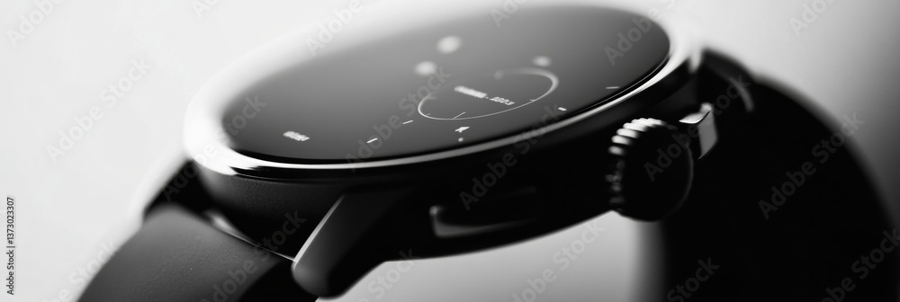 Poster modern smartwatch with sleek monochrome design and smooth depths showcases high-tech elegance in clo