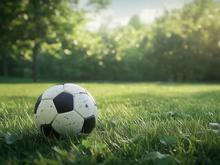 Fototapeta premium Classic Soccer Ball on Green Grass in the ParkSunlit Football Field with Soccer Ball Close-Up