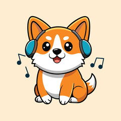 Cute Corgi Listening Music Cartoon